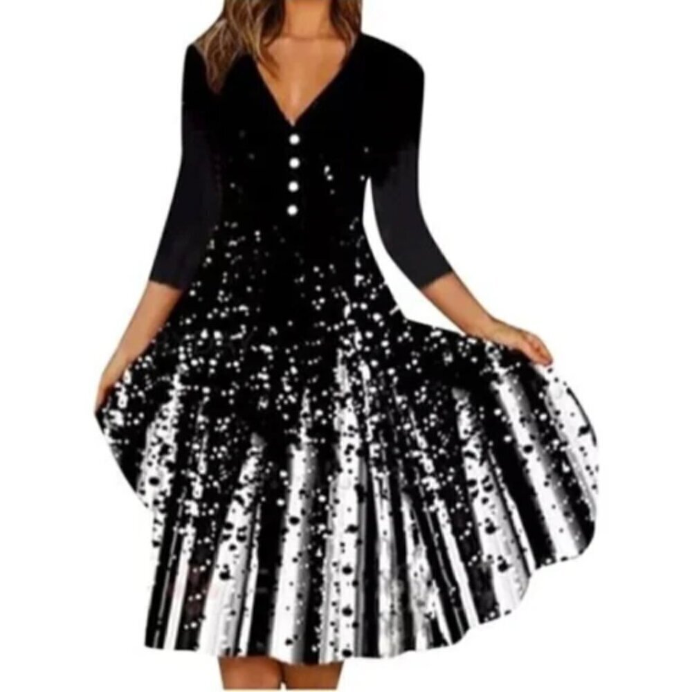NWT Noracora Long Sleeve Swing/Fit & Flare Dress Black & White Maxi L #4D